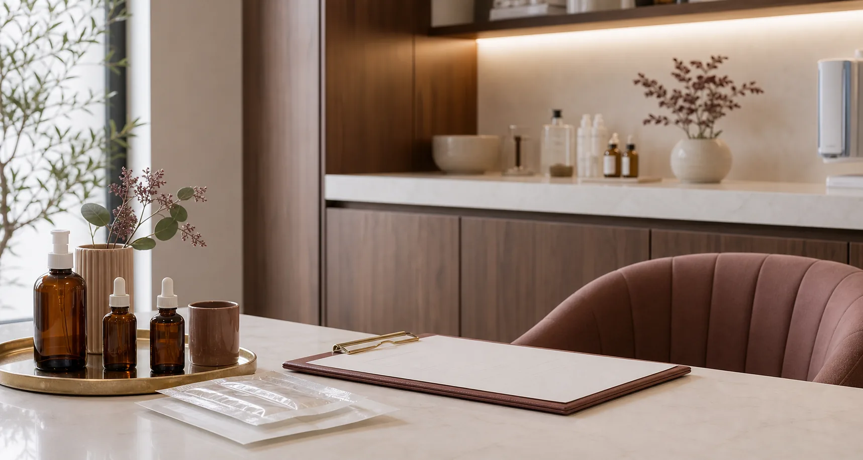 Aesthetic clinic consultation counter with skincare bottles
